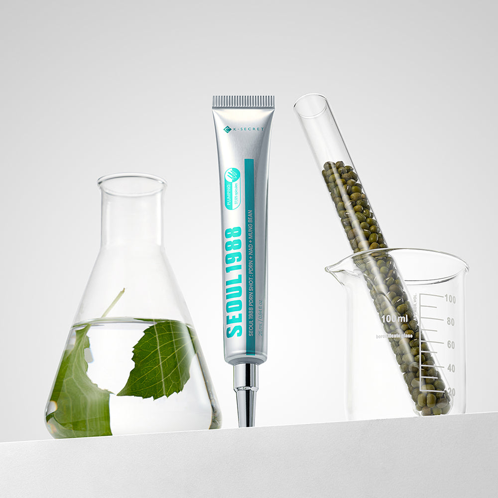 SEOUL 1988 PDRN Shot with mung beans in a test tube and a leaf in a flask